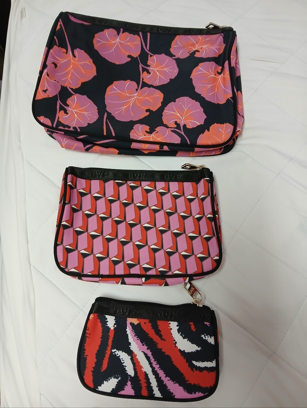 Diane Von Furstenberg Pink and Black Printed Cosmetic Pouch Trio- Like New!